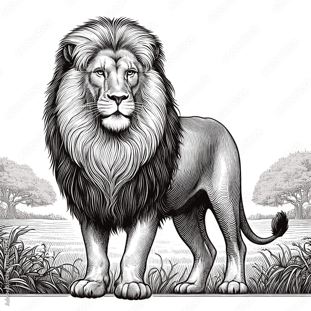 Obraz premium Majestic Lion A Black and White Illustration of an African Lion in its Natural Habitat