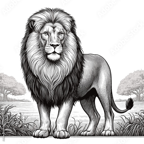 Majestic Lion A Black and White Illustration of an African Lion in its Natural Habitat