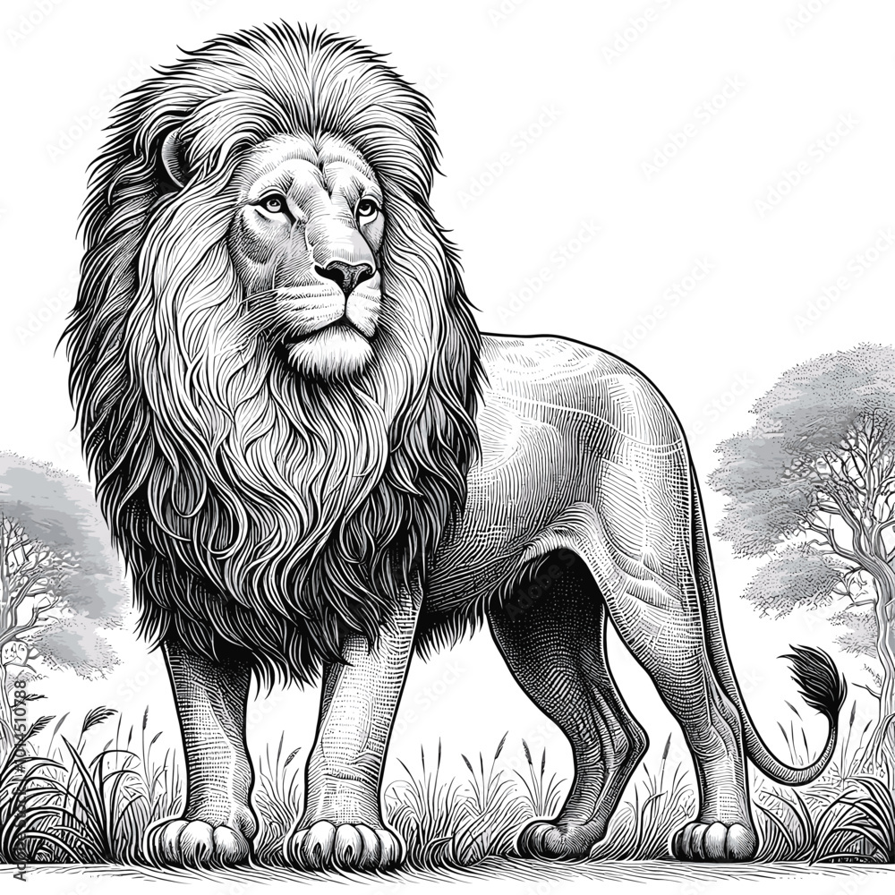 Obraz premium Majestic Lion in African Savanna Pen and Ink Drawing