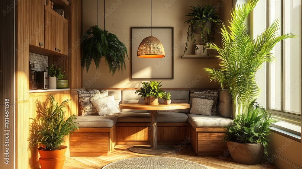 Fototapeta premium A cozy and inviting breakfast nook with a mix of built-in and freestanding seating