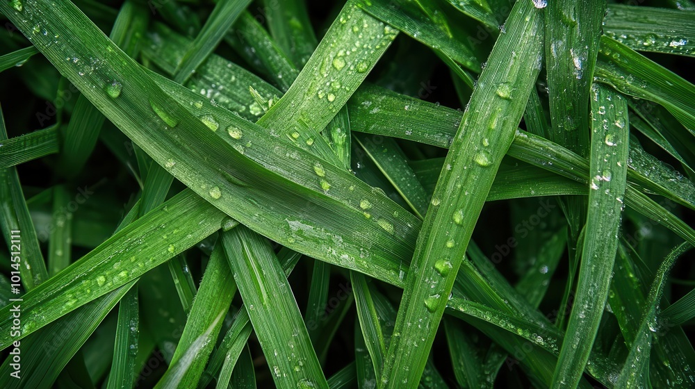 A top view of lush green grass texture with dew drops on the leaves A top view of lush green grass texture with dew drops on the leaves