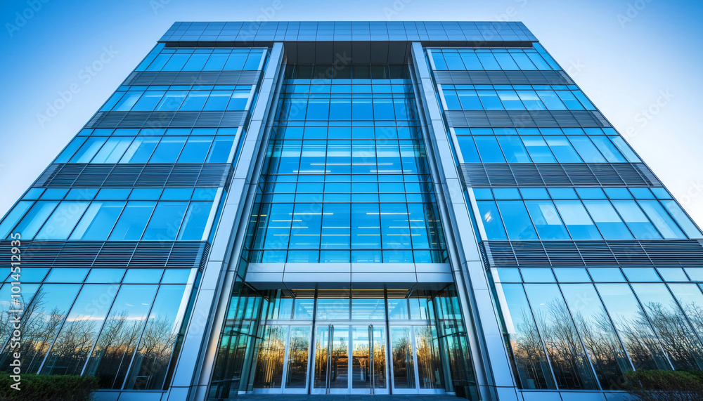 Obraz premium A modern glass-fronted office building reflecting the sky, showcasing contemporary architecture and design.