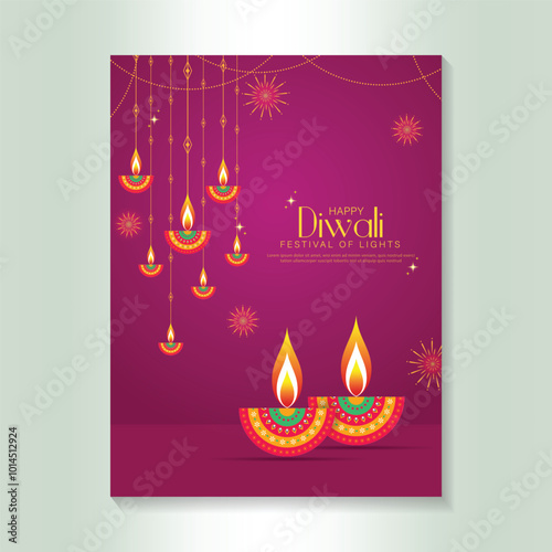 Happy Diwali - festival of lights colorful poster template design with decorative diya lamp.