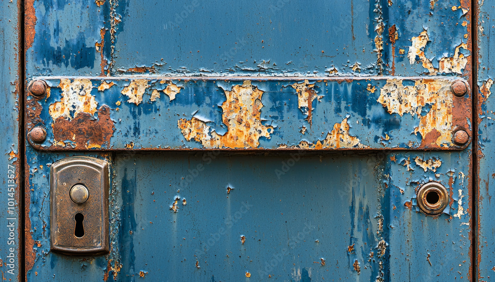 Naklejka premium A close-up of a weathered blue door with rust and peeling paint, featuring a lock and keyhole, suggesting age and neglect.