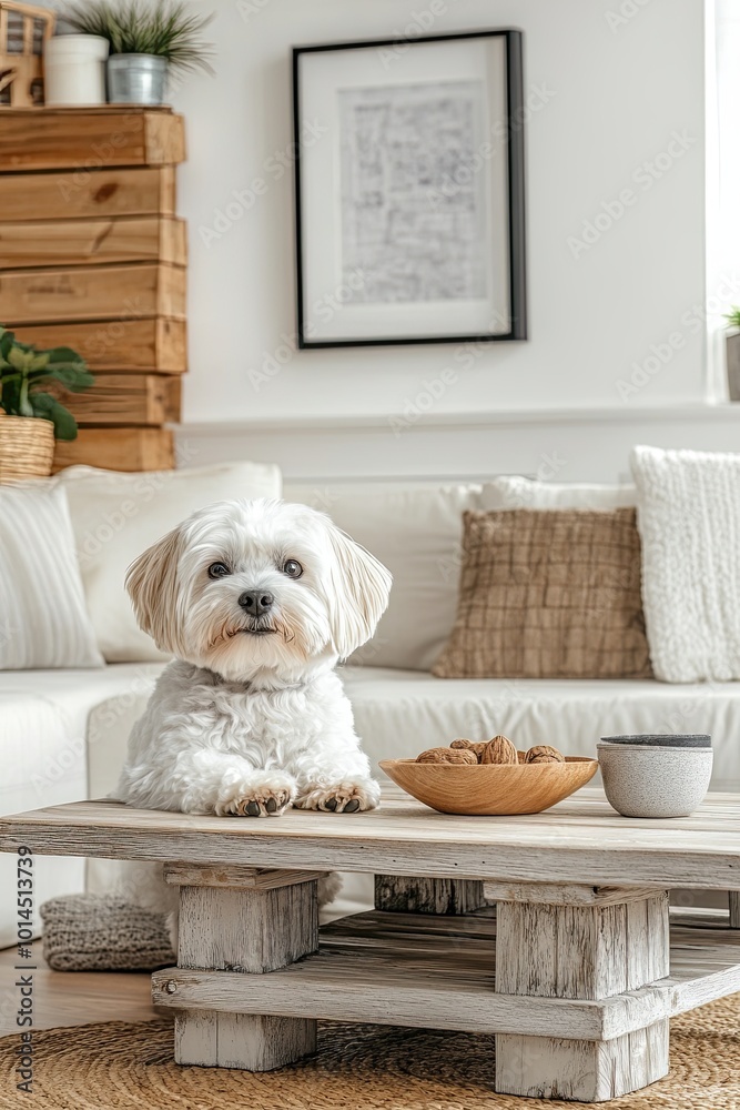 Cute Maltese dog and wooden table in a stylish living room. Cute Maltese dog and wooden table in a stylish living room.