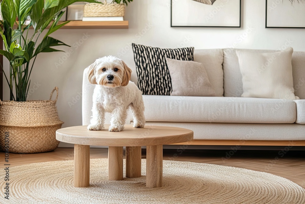 Cute Maltese dog and wooden table in a stylish living room. Cute Maltese dog and wooden table in a stylish living room.