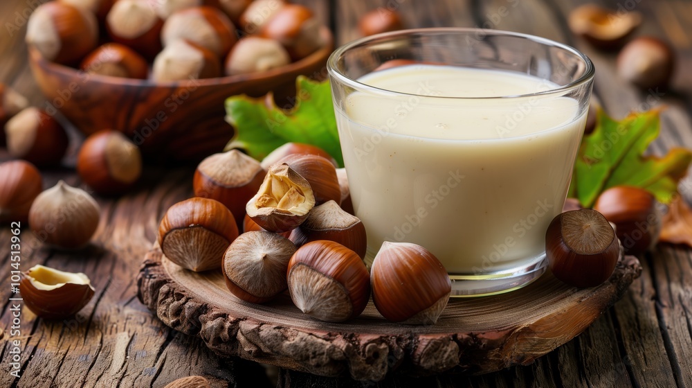 A glass of creamy hazelnut milk surrounded by fresh hazelnuts on a wooden table, capturing the essence of natural and healthy living. A glass of creamy hazelnut milk surrounded by fresh hazelnuts on a wooden table, capturing the essence of natural and healthy living.