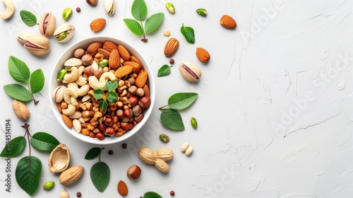 A variety of nuts and seeds in a bowl, surrounded by green leaves on a white background with copy space, creating a healthy and natural snack concept.