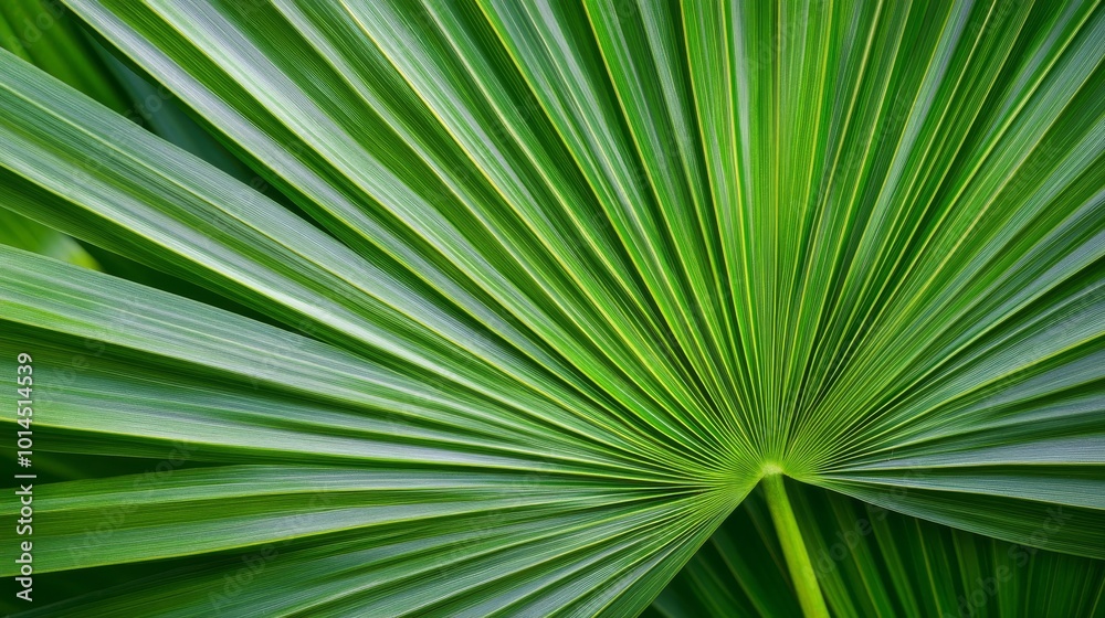 Close-up of green palm leaf with radial pattern, nature detail. Botanical texture and symmetry concept Close-up of green palm leaf with radial pattern, nature detail. Botanical texture and symmetry concept