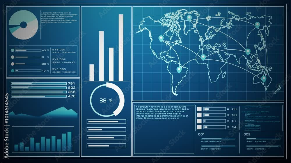 Digital interface showing a global network map with data charts, visual analytics, and system performance indicators. Animation 4k, 3d rendering.