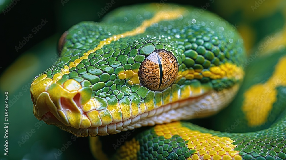 Fototapeta premium Close-up of a green and yellow snake's head with an orange eye, scales are visible and the snake's tongue is slightly out.
