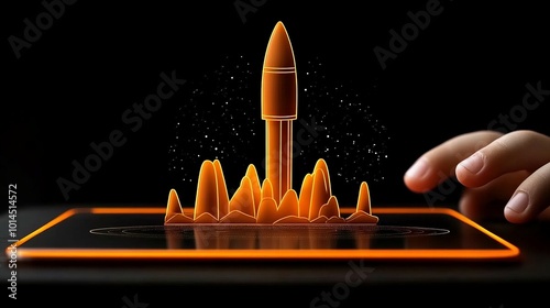 Launching Innovation: A hand interacts with a holographic rocket launching from a tablet, symbolizing technological advancement and entrepreneurial spirit.  