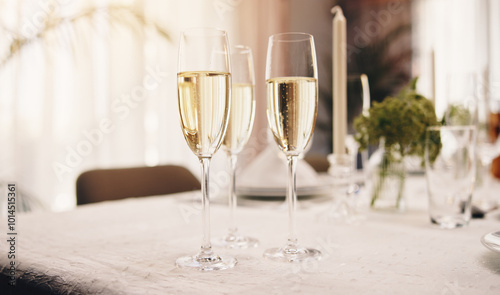 Canvas Print Alcohol, champagne and glass on table at party for celebration, social event and gathering