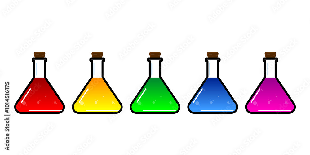 Set of glass bottles. Different color potion flat style on white background. Vector illustration. Design elements for game collection.