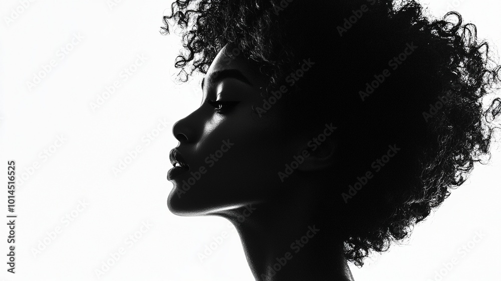 Profile of an African American woman with curly hair, depicted as a silhouette on a white backdrop. Profile of an African American woman with curly hair, depicted as a silhouette on a white backdrop.