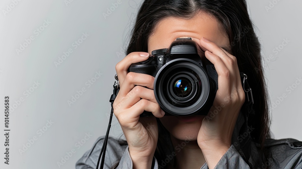 Portrait of a photographer covering her face with camera. Portrait of a photographer covering her face with camera.