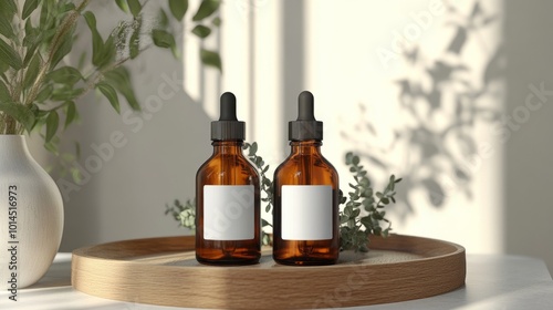 A calming arrangement of two amber glass dropper bottles with blank labels resting on a rustic wooden tray, with a stylish white vase and vibrant greenery enhancing the decor