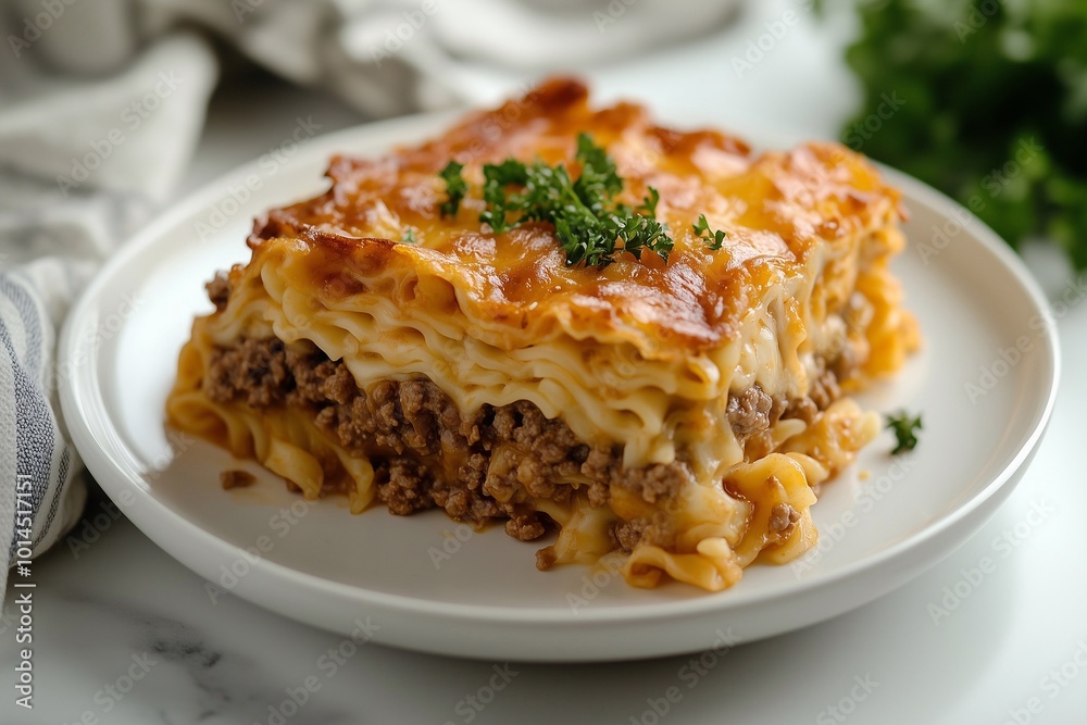 Close-up of hamburger Noodle Hotdish on a white plate, placed on a marble countertop. Close-up of hamburger Noodle Hotdish on a white plate, placed on a marble countertop.