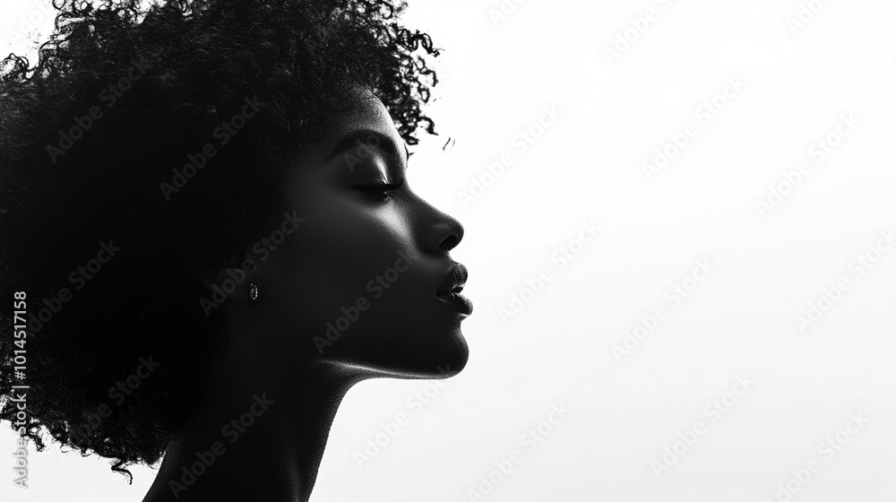 African American woman with curly hair is depicted as a silhouette against a stark white background, emphasizing her shape. African American woman with curly hair is depicted as a silhouette against a stark white background, emphasizing her shape.
