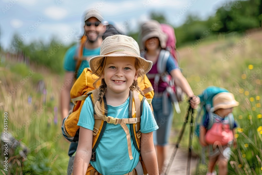 Family with small children hiking outdoors in summer nature. Family with small children hiking outdoors in summer nature.
