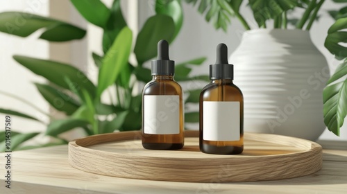 A minimalist setting with two amber glass dropper bottles featuring blank labels on a wooden tray, set against a backdrop of a white vase and lush green plants.