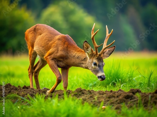 An aggressive roe deer buck showcases its dominance by digging in the meadow, marking territory beautifully against a photo