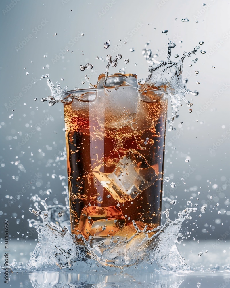 Glass of iced tea with splash and water droplets