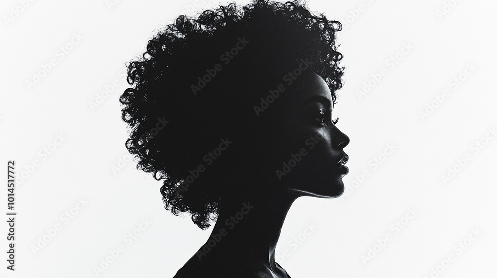 Black silhouette of an African American woman with curly hair, standing against a plain white background. Black silhouette of an African American woman with curly hair, standing against a plain white background.