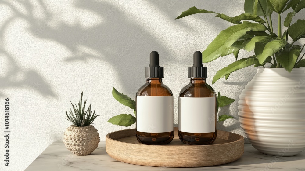 A stylish composition of two amber glass dropper bottles with blank labels on a wooden tray, accompanied by a beautiful white vase and lush green plants for a refreshing decor touch