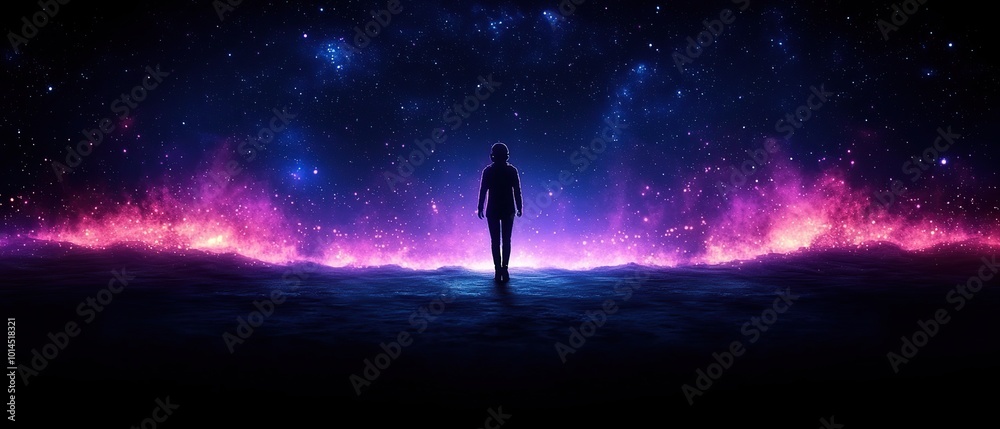 Fototapeta premium Silhouette of a woman standing on a snowy landscape with a glowing purple sky full of stars in the background.