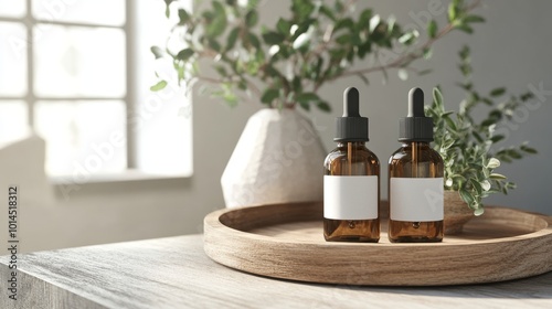 A warm and inviting scene with two amber glass dropper bottles featuring blank labels on a rustic wooden tray, paired with a stylish white vase and verdant greenery for a fresh touch.