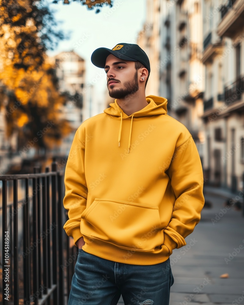 A stylish young man wearing a vibrant yellow hoodie and cap walks confidently down an urban street with blurred autumn trees and classic architecture in the background. A stylish young man wearing a vibrant yellow hoodie and cap walks confidently down an urban street with blurred autumn trees and classic architecture in the background.