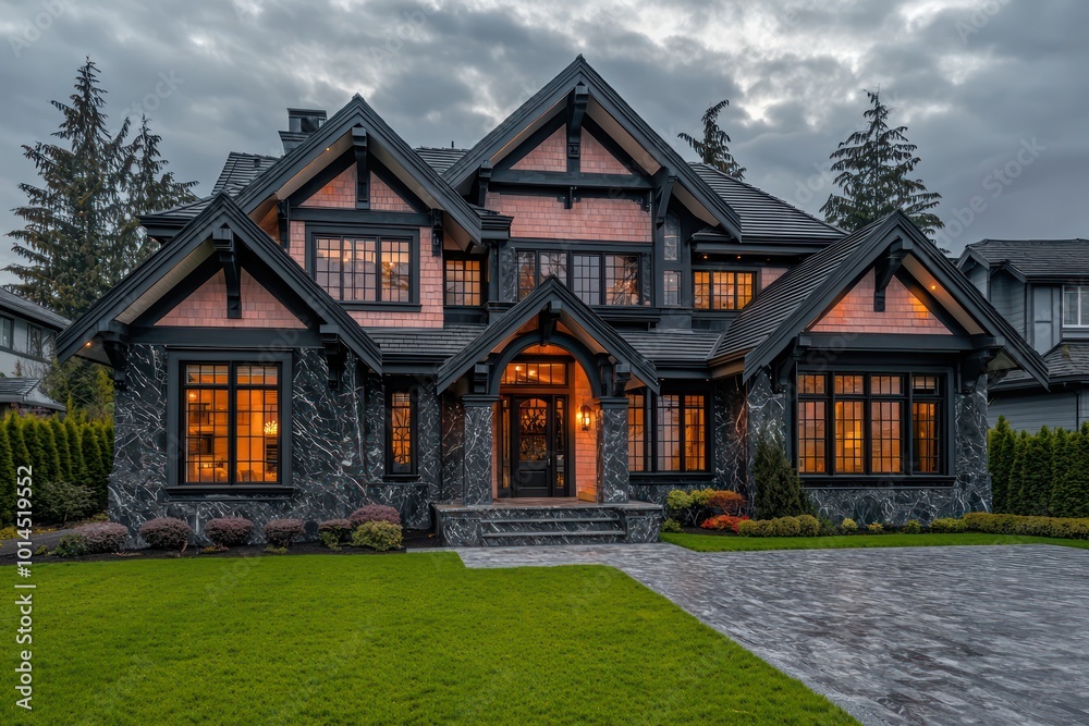 Architectural design of a house with misty coral accents, blending traditional styles, dark marble and fir details, broad windows, ecru roof trim, a granite driveway, and well-kept grass Architectural design of a house with misty coral accents, blending traditional styles, dark marble and fir details, broad windows, ecru roof trim, a granite driveway, and well-kept grass
