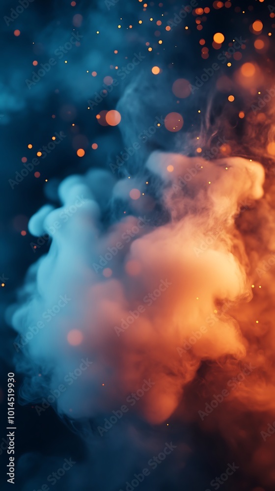Swirling abstract smoke cloud lit with bright blue and warm orange tones Swirling abstract smoke cloud lit with bright blue and warm orange tones