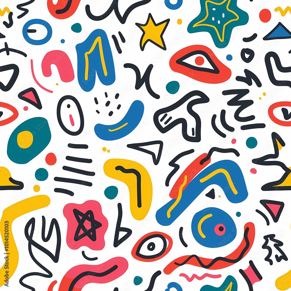Playful abstract doodle pattern with vibrant shapes and lines on a white background. Playful abstract doodle pattern with vibrant shapes and lines on a white background.