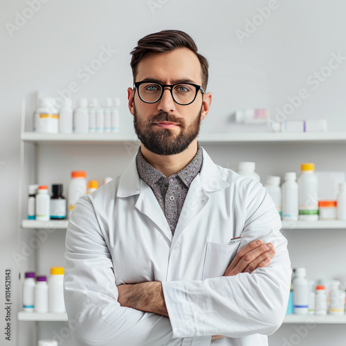 Smiling Pharmacist Standing in Front of Shelves.