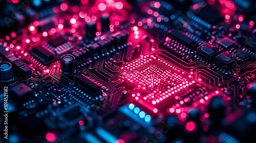 A close up of a computer circuit board with red and blue lights