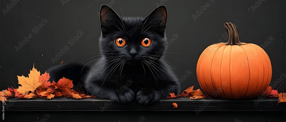 a fun vector of a cat and pumpkin on an orange background. halloween cat and pumpkin, spooky black cat with a glowing pumpkin