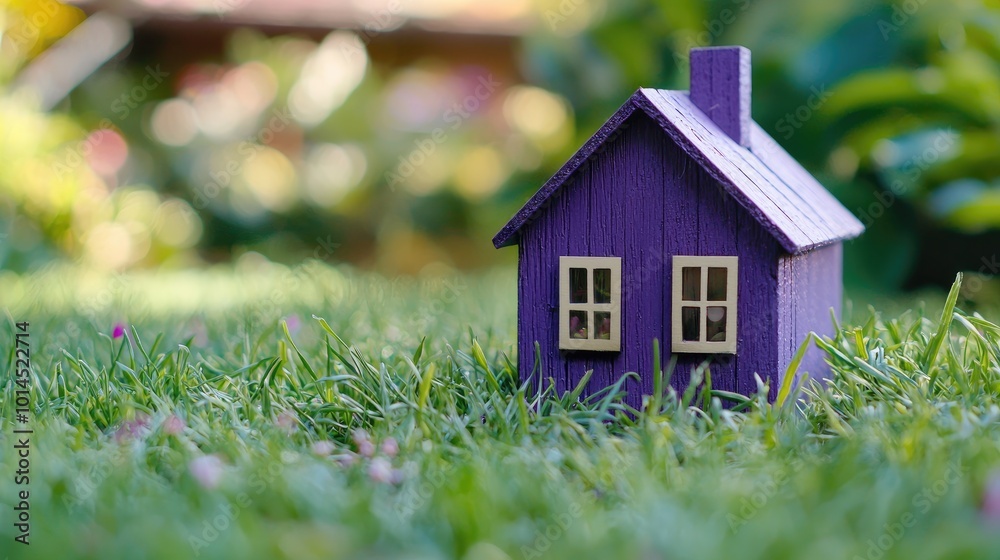Wooden house model on the grass in garden. Wooden house model on the grass in garden.