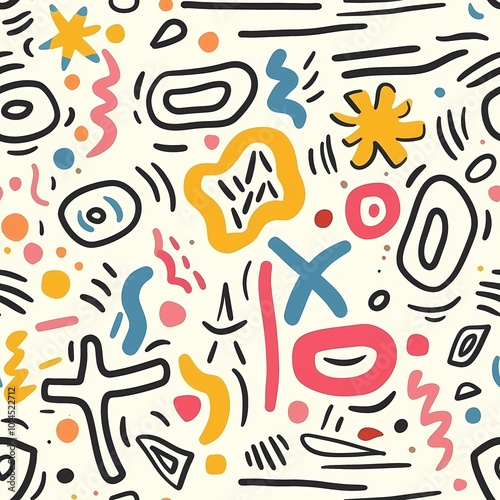 Playful abstract doodle pattern with vibrant shapes and lines on a white background.