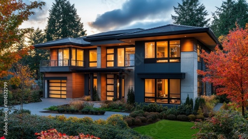 Modern home with large windows surrounded by vibrant autumn foliage.