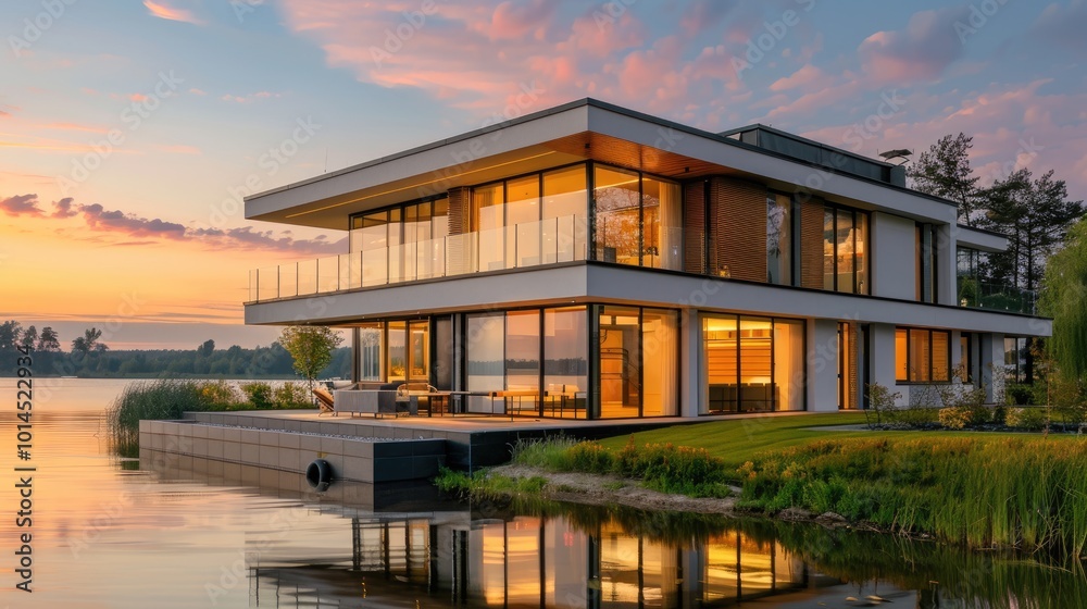 Modern house by the river at evening. Modern house by the river at evening.