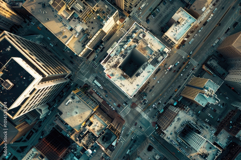 Aerial top view of downtown district buildings in day light.