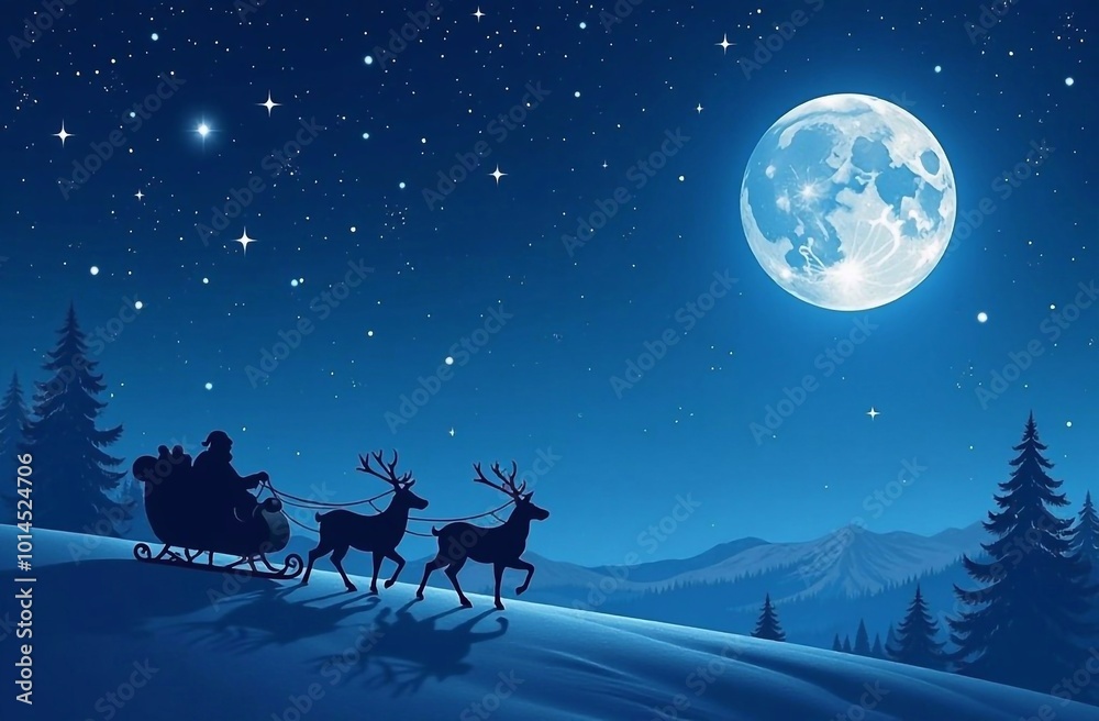 Starry sky and silhouette of Santa's sleigh with reindeer Starry sky and silhouette of Santa's sleigh with reindeer