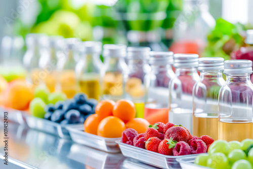 A vibrant display of fresh fruits and colorful juices is neatly arranged on a countertop in a contemporary kitchen filled with natural light and greenery