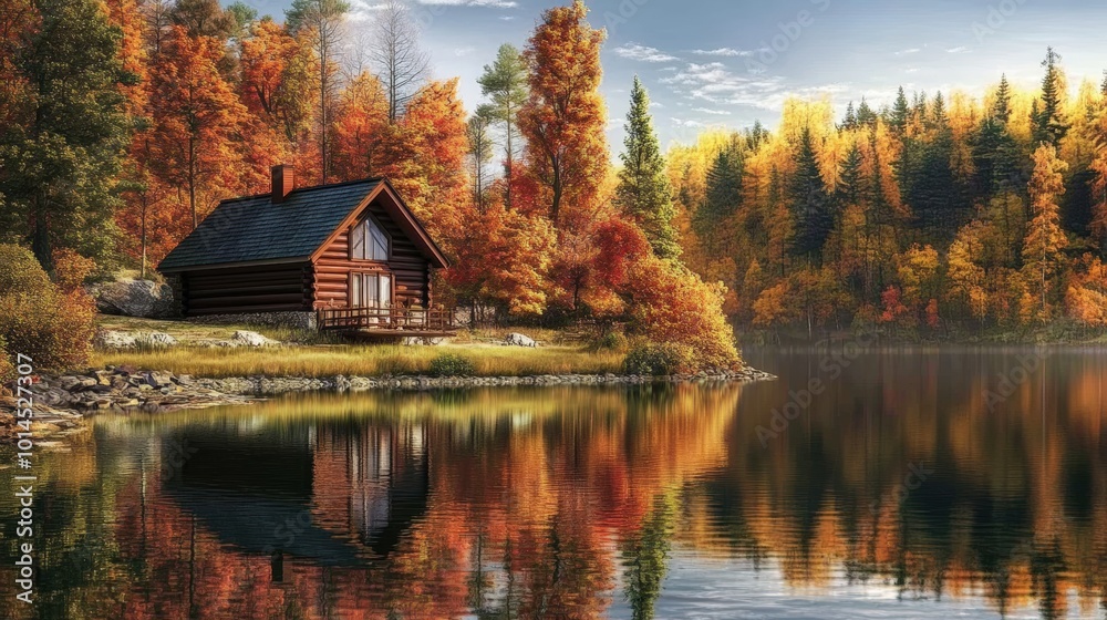 Cozy Cabin on Lake with Vibrant Autumn Foliage Cozy Cabin on Lake with Vibrant Autumn Foliage