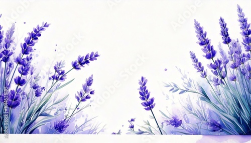 Lavender sprigs in each corner, forming a light, airy border. watercolor set isolated on white background.