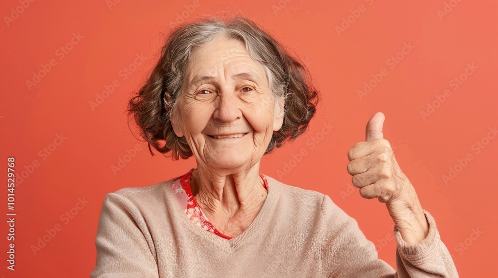 Smiling Woman Giving Thumbs Up, on a solid color background. Smiling Woman Giving Thumbs Up, on a solid color background.