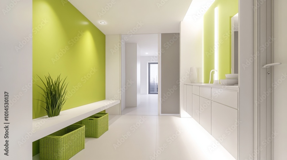 A spacious hallway showcases bright green walls with a sleek white bench and storage baskets. The clean lines and minimalistic design create a fresh and inviting atmosphere. A spacious hallway showcases bright green walls with a sleek white bench and storage baskets. The clean lines and minimalistic design create a fresh and inviting atmosphere.