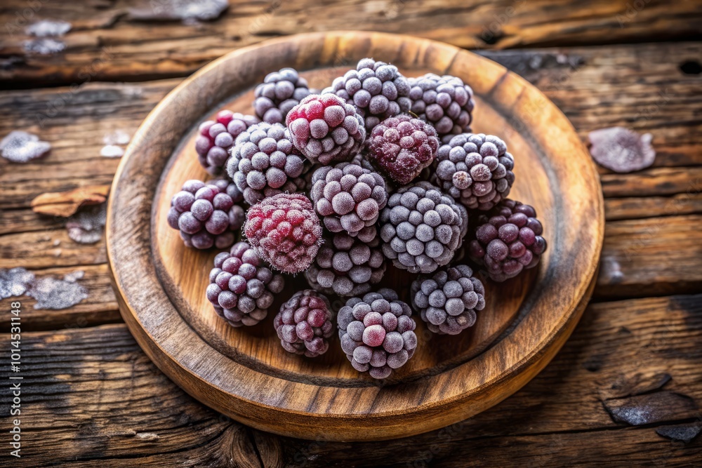 A wooden plate holds frozen blackberries, their rich color inspiring culinary adventures. Perfect for smoothies, desserts, and more, these fruits A wooden plate holds frozen blackberries, their rich color inspiring culinary adventures. Perfect for smoothies, desserts, and more, these fruits